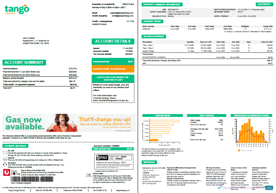 download Australia Tango Energy utility bill template in Word and PDF formats, 2 pages PDF template